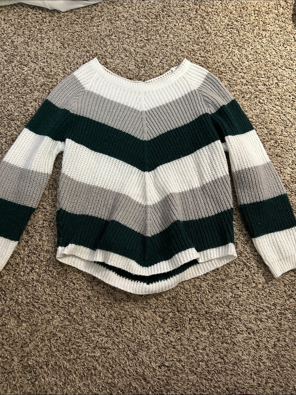 Striped Chevron Knit Sweater - White, Gray & Dark Green